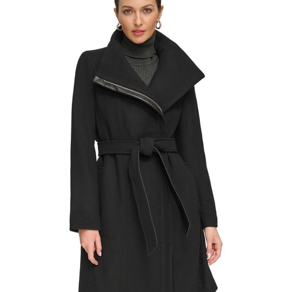 Nwt DKNY Asymmetrical Belted Funnel-Neck Wool Blend Black Coat Women Size Small